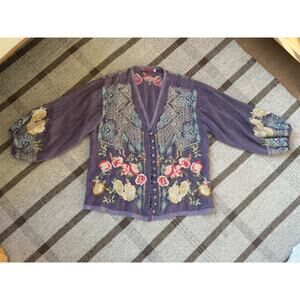 Johnny Was Castana Blouse Button Up 3/4 Balloon Sleeve Lilac Purple XS Floral